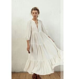 Bird & Kite Daphne Dress Natural Oatmeal Linen Blend Size Medium